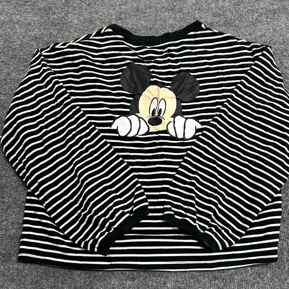 Disney Shirt Womens Size M Black White Striped Mickey Mouse Long Sleeve Graphic